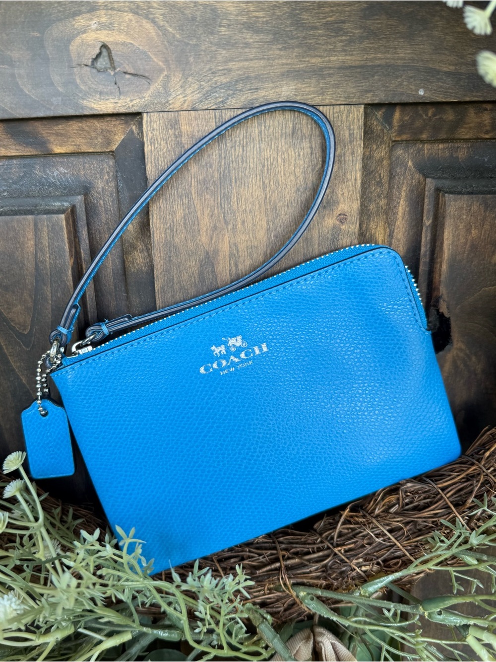 Coach Electric Blue Pebbled Leather Wristlet